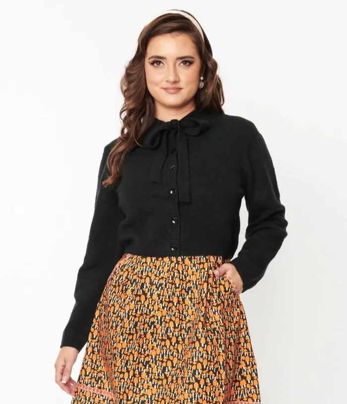 Black Bow Cropped Knit Cardigan Clothing Unique Vintage Sweaters and Cardigans