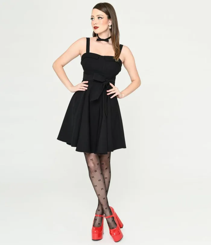 Black Bow Fit and Flare Mini Dress DressesPlus Unique Vintage Fit and Flare