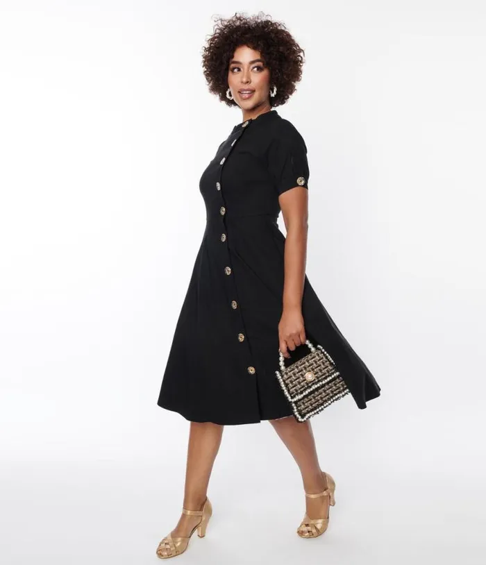 Black Button Swing Dress Dresses Unique Vintage Pocket Dresses