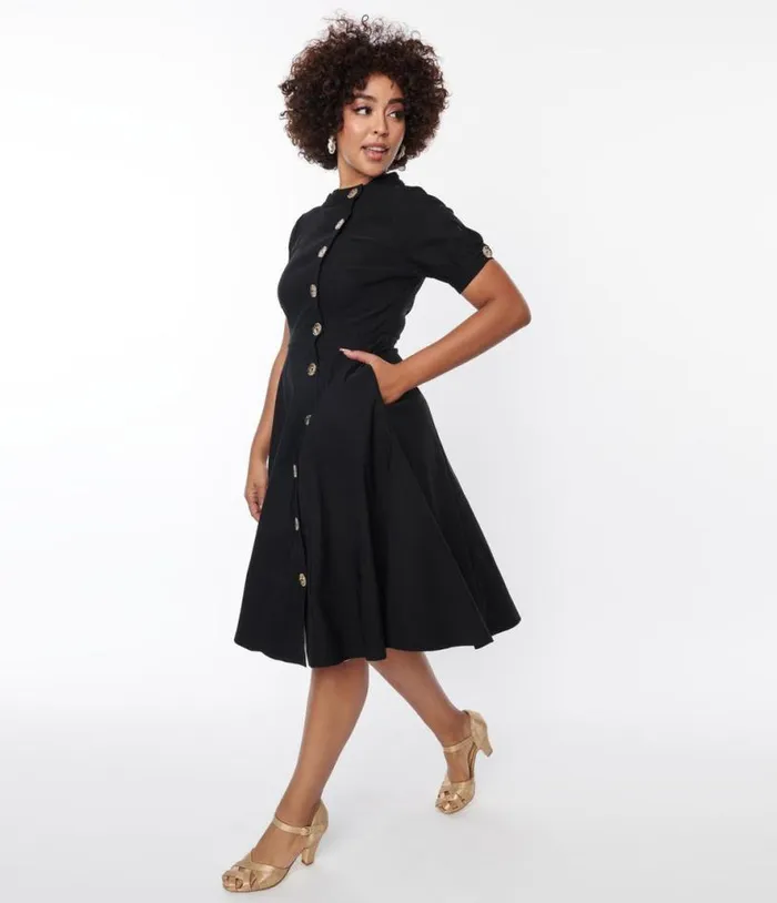 Black Button Swing Dress Dresses Unique Vintage Pocket Dresses