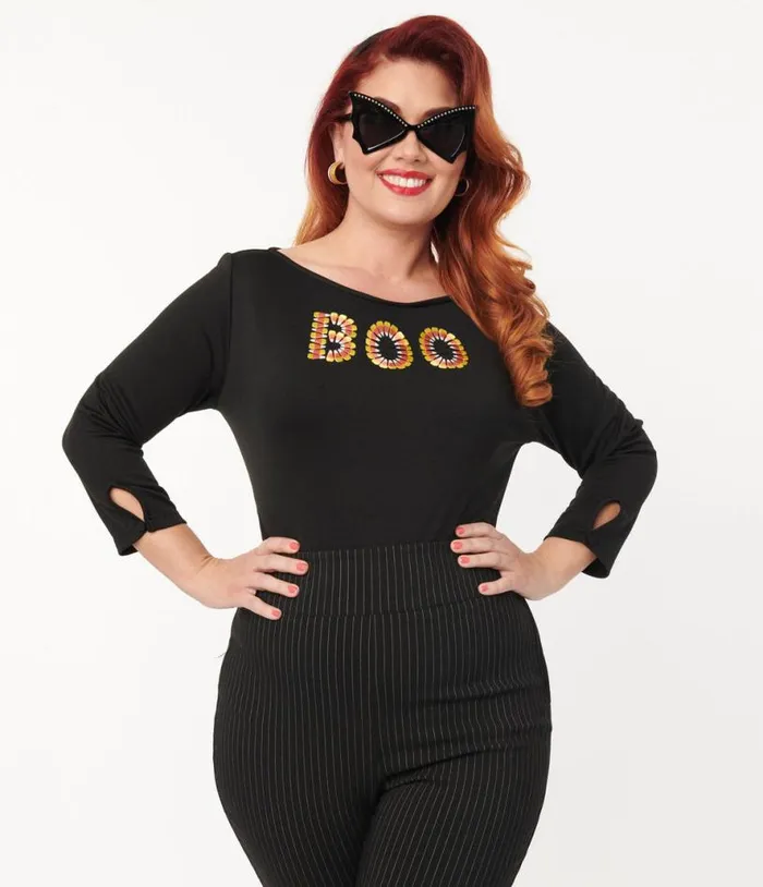 Black Candy Corn Boo Embroidered Gracie Top Halloween Unique Vintage Tops