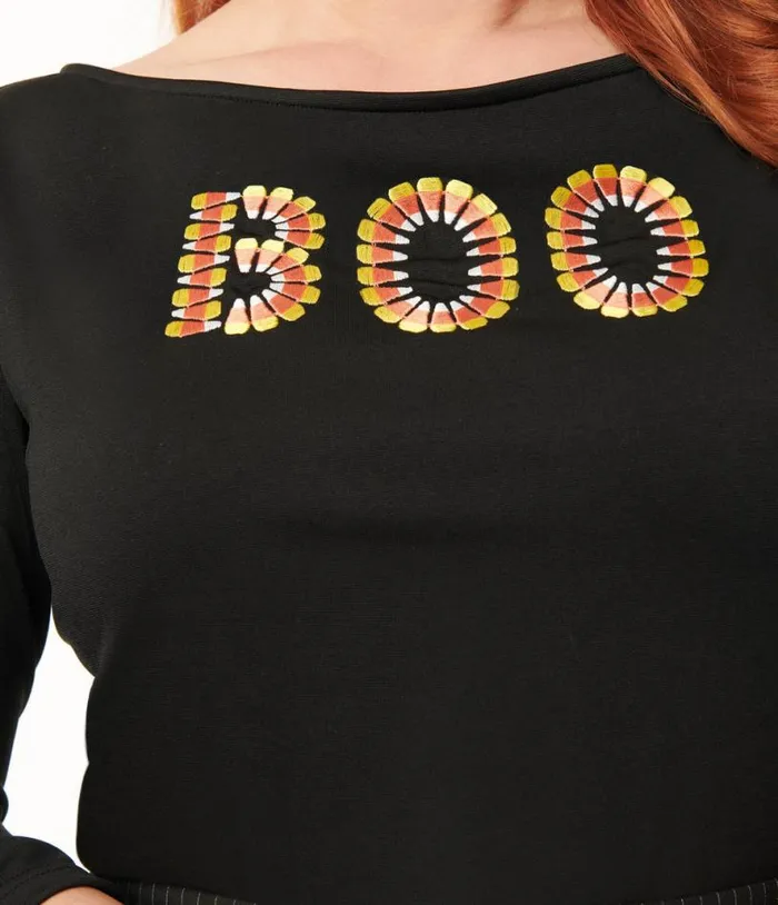 Black Candy Corn Boo Embroidered Gracie Top Halloween Unique Vintage Tops