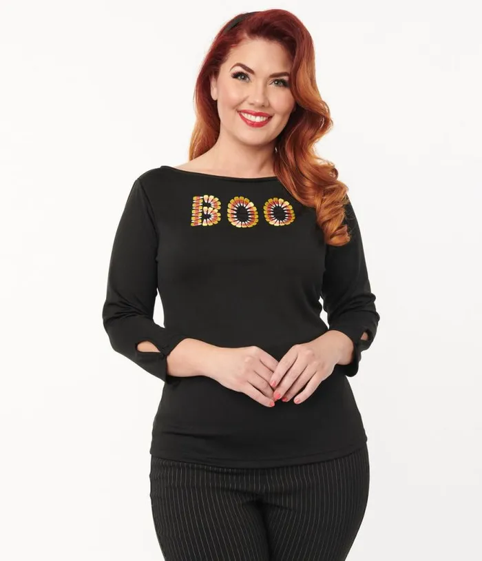 Black Candy Corn Boo Embroidered Gracie Top Halloween Unique Vintage Tops