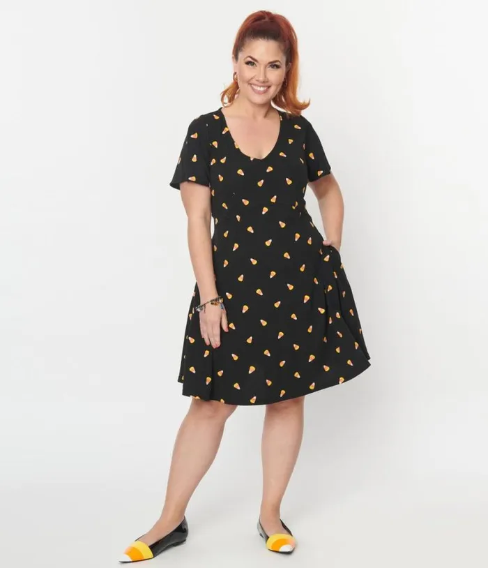Black Candy Corn Print Poppy Flare Dress DressesPlus Unique Vintage Pocket Dresses Black Candy Corn Print Poppy Flare Dress DressesPlus Unique Vintage Pocket Dresses