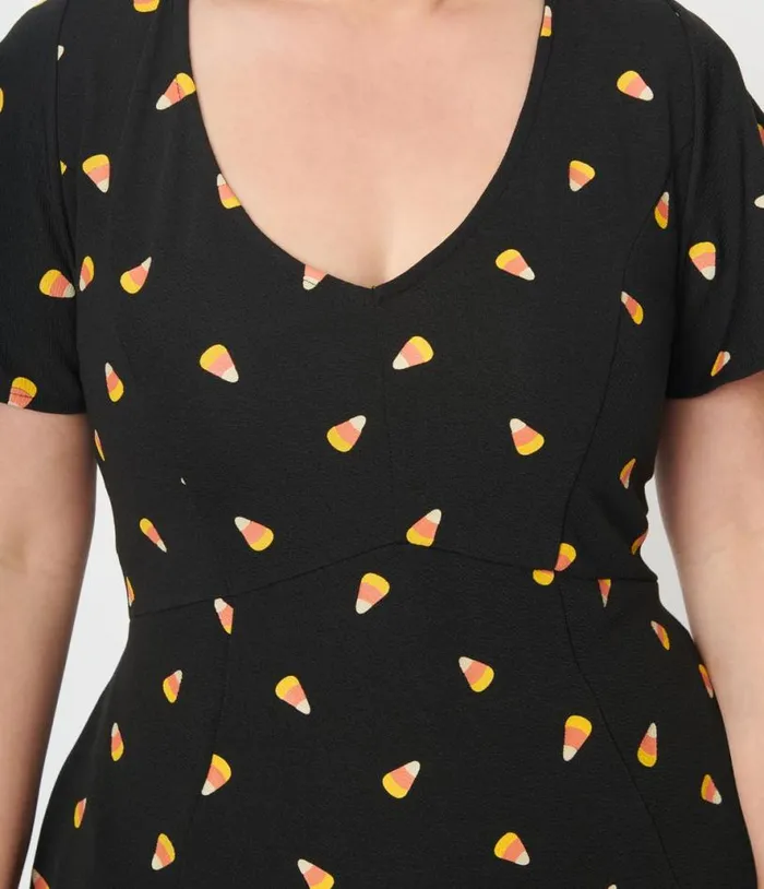 Black Candy Corn Print Poppy Flare Dress DressesPlus Unique Vintage Pocket Dresses