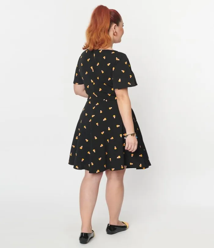 Black Candy Corn Print Poppy Flare Dress DressesPlus Unique Vintage Pocket Dresses