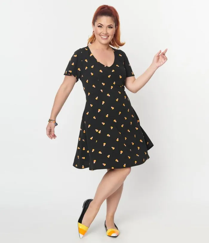 Black Candy Corn Print Poppy Flare Dress DressesPlus Unique Vintage Pocket Dresses