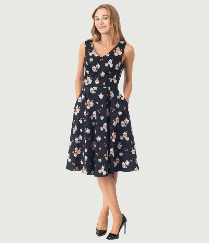 Black Cupcake Print Swing Dress DressesPlus Unique Vintage Pocket Dresses