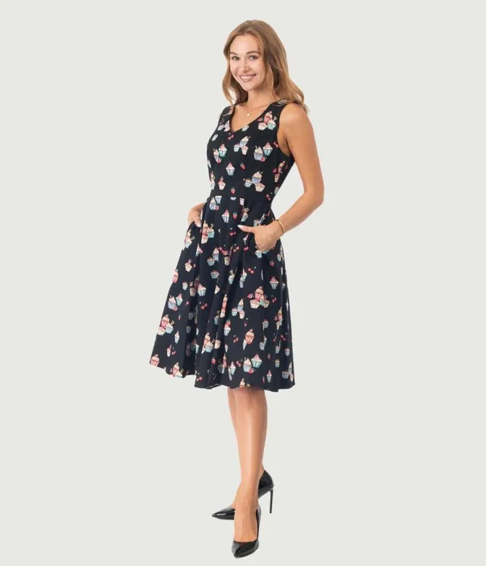Black Cupcake Print Swing Dress DressesPlus Unique Vintage Pocket Dresses