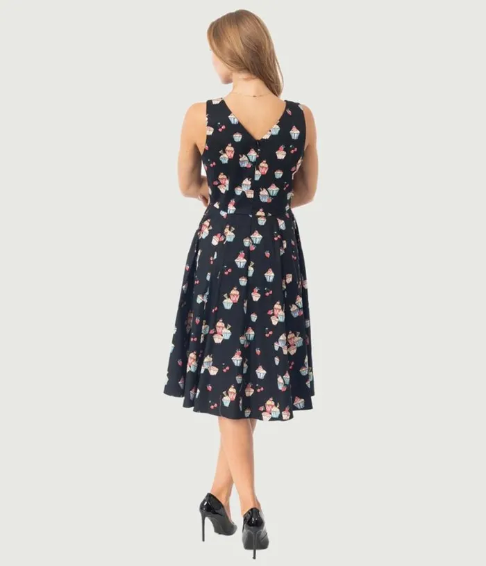 Black Cupcake Print Swing Dress DressesPlus Unique Vintage Pocket Dresses