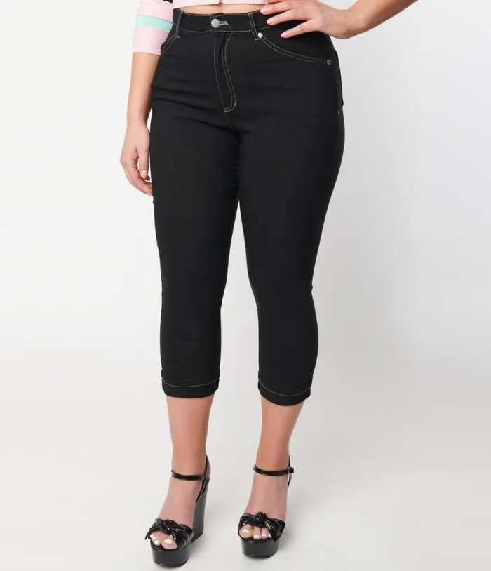 Black Denim Bengaline Capris Clothing Unique Vintage Pants