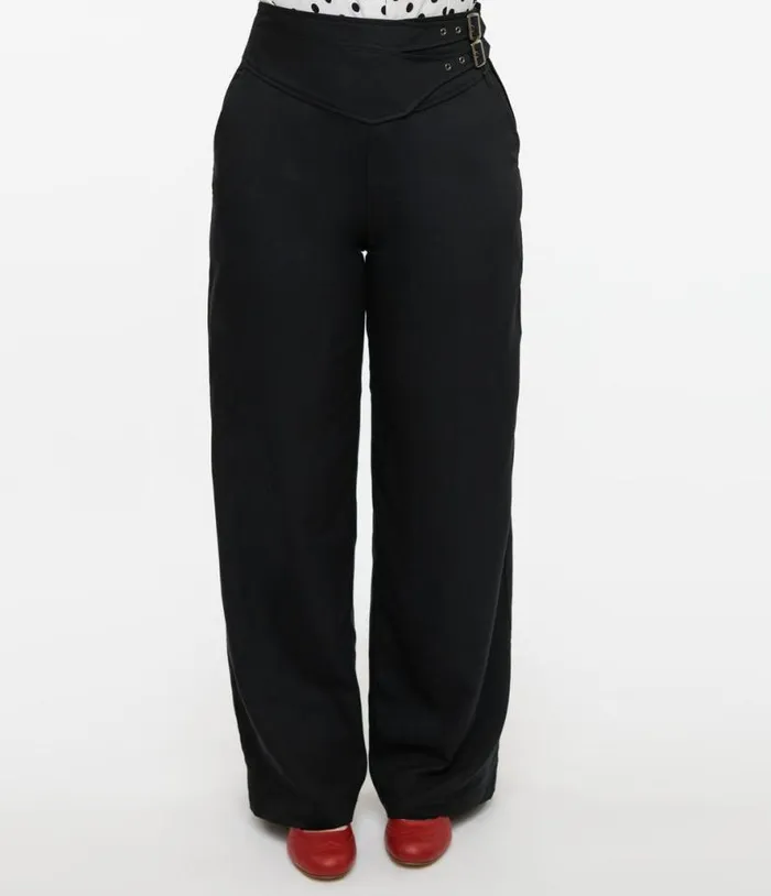 Black Double Belt Woven Pants Clothing Unique Vintage Pants