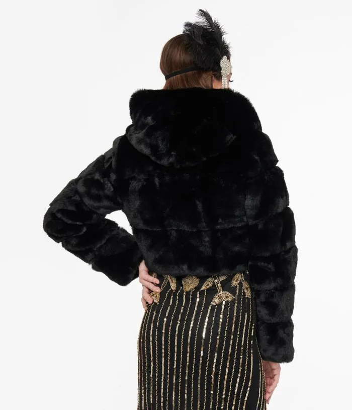 Black Faux Fur Puffer Crop Jacket Clothing Unique Vintage Coats and Jackets