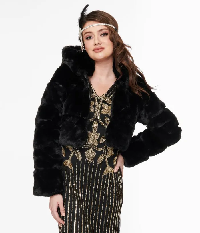 Black Faux Fur Puffer Crop Jacket Clothing Unique Vintage Coats and Jackets