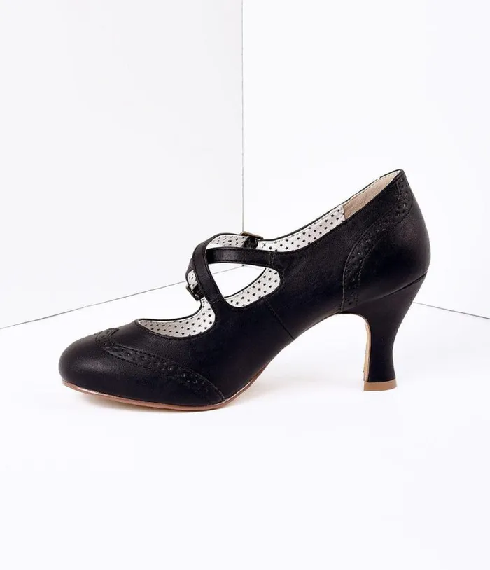 Black Faux Leather Detailed Heel Shoes Unique Vintage Heels