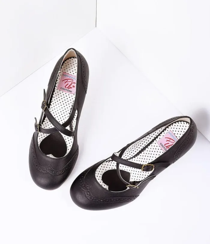 Black Faux Leather Detailed Heel Shoes Unique Vintage Heels