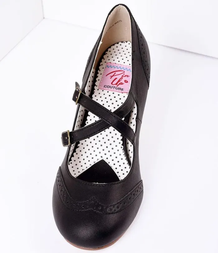 Black Faux Leather Detailed Heel Shoes Unique Vintage Heels