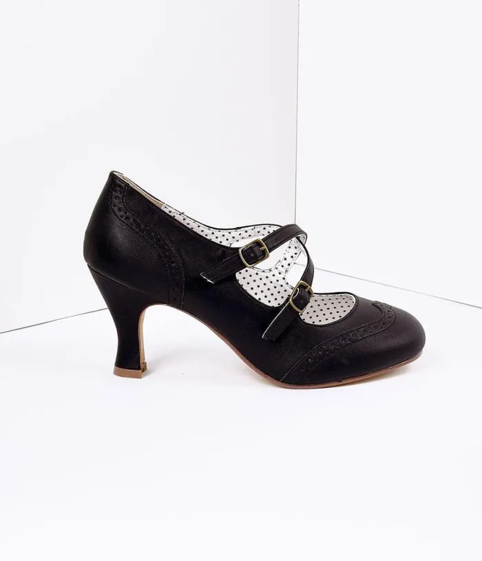 Black Faux Leather Detailed Heel Shoes Unique Vintage Heels