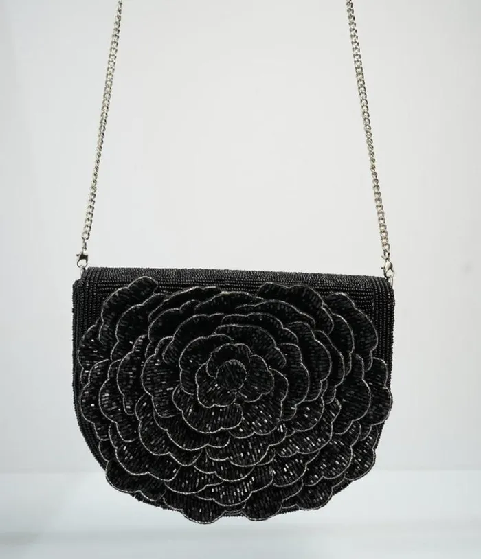 Black Flower Beaded Crossbody Bag Accessories Unique Vintage Novelty Bags