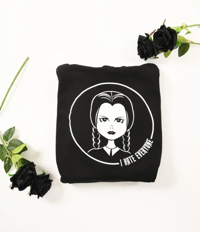 Black I Hate Everyone Wednesday Unisex Pullover Hoodie ClothingHalloweenPlus Unique Vintage Graphic Tees
