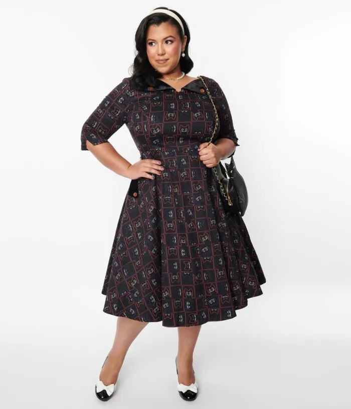 Black Kitty Cat Checkered Swing Dress DressesHalloweenPlus Unique Vintage Pocket Dresses