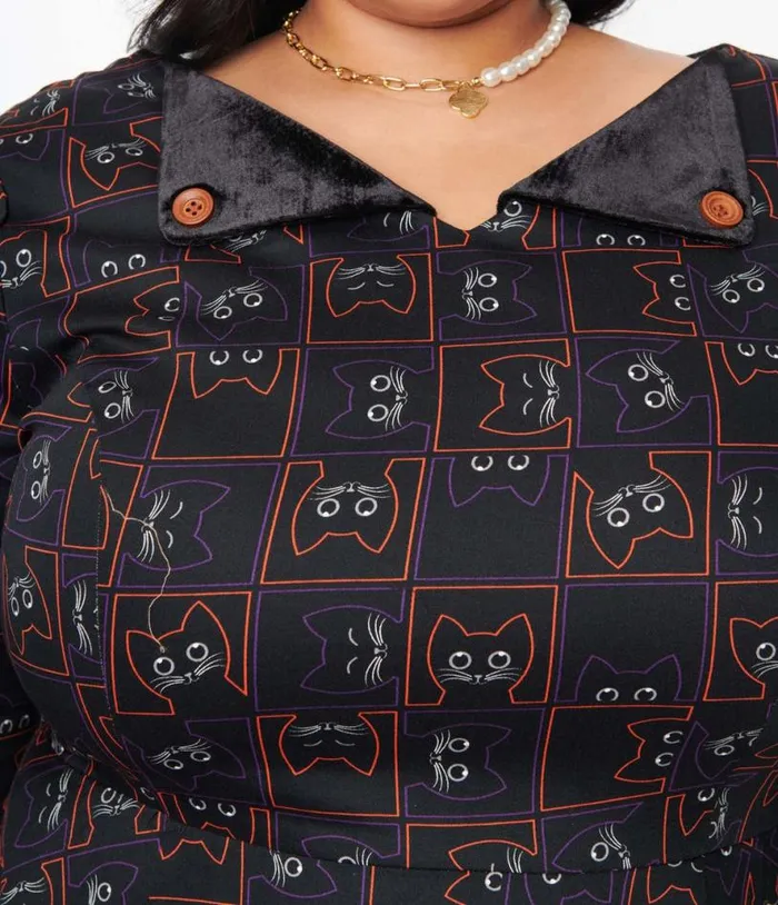 Black Kitty Cat Checkered Swing Dress DressesHalloweenPlus Unique Vintage Pocket Dresses
