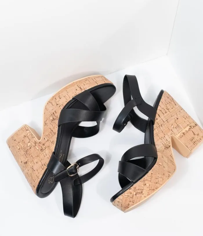 Black Leatherette and Cork Stacked Platform Heels Shoes Unique Vintage Sandals Black Leatherette and Cork Stacked Platform Heels Shoes Unique Vintage Sandals