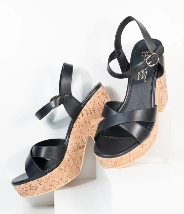Black Leatherette and Cork Stacked Platform Heels Shoes Unique Vintage Sandals