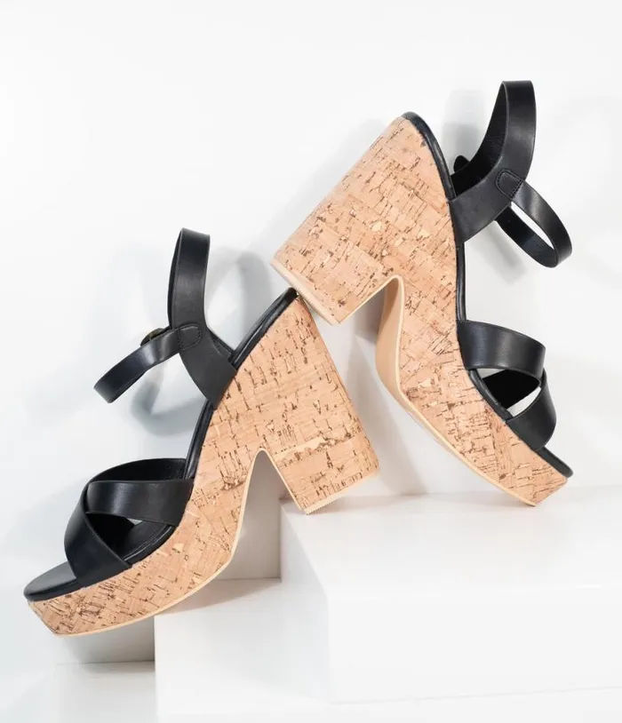 Black Leatherette and Cork Stacked Platform Heels Shoes Unique Vintage Sandals