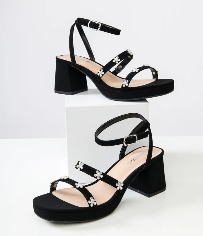 Black Leatherette and Rhinestone Floral Platform Heels Shoes Unique Vintage Sandals Black Leatherette and Rhinestone Floral Platform Heels Shoes Unique Vintage Sandals