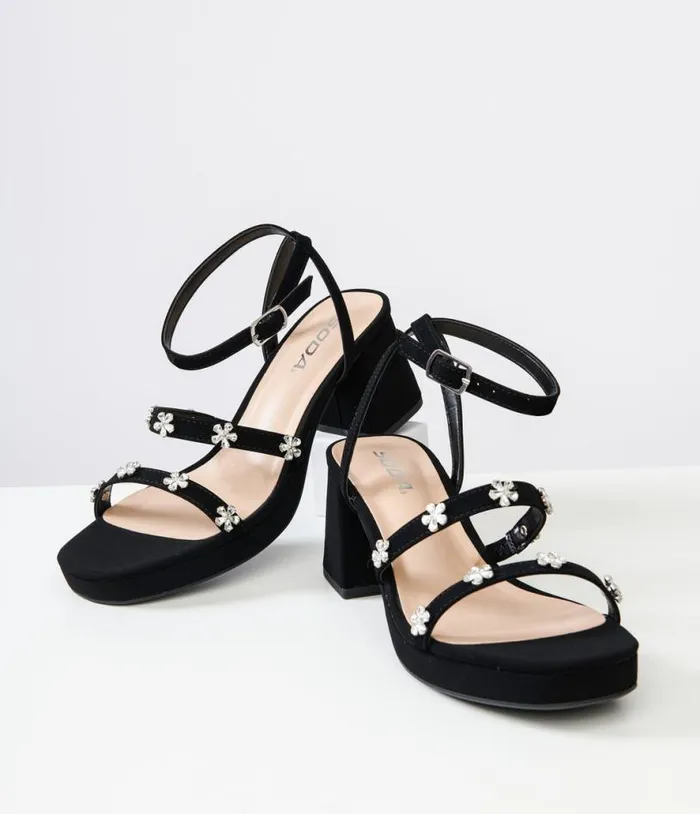 Black Leatherette and Rhinestone Floral Platform Heels Shoes Unique Vintage Sandals