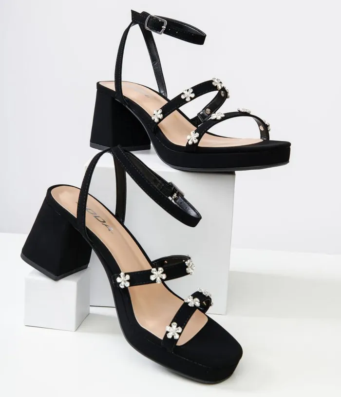 Black Leatherette and Rhinestone Floral Platform Heels Shoes Unique Vintage Sandals