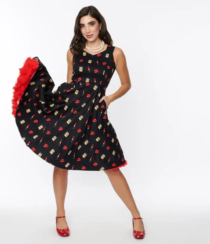 Black Makeup Print Swing Dress DressesPlus Unique Vintage Pocket Dresses