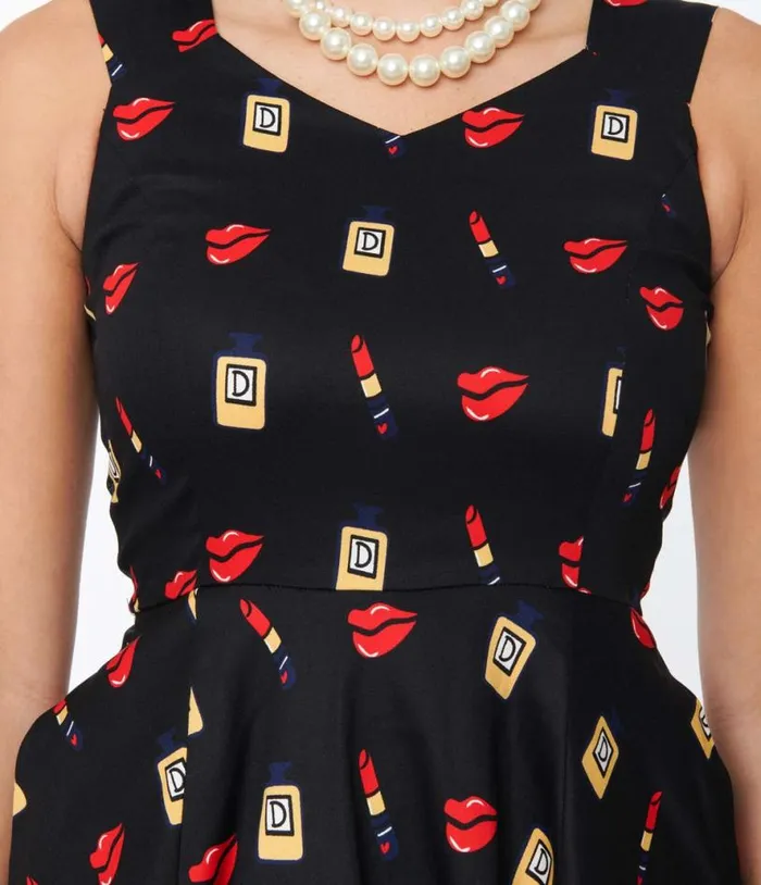 Black Makeup Print Swing Dress DressesPlus Unique Vintage Pocket Dresses
