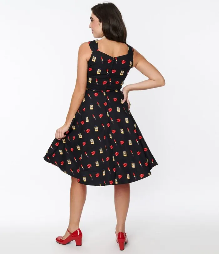 Black Makeup Print Swing Dress DressesPlus Unique Vintage Pocket Dresses