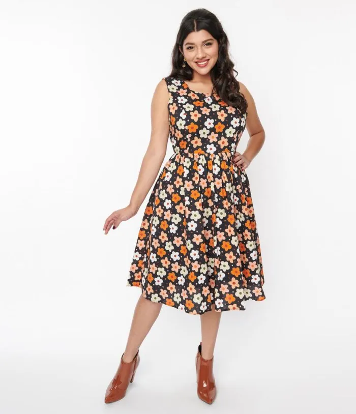 Black Multicolor Ditsy Floral Swing Dress Dresses Unique Vintage Swing