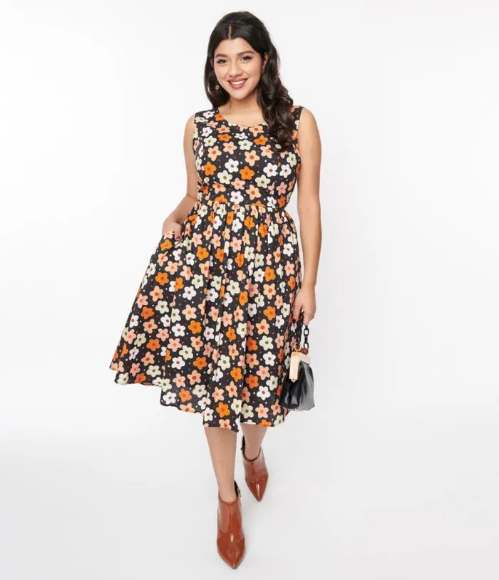 Black Multicolor Ditsy Floral Swing Dress Dresses Unique Vintage Swing