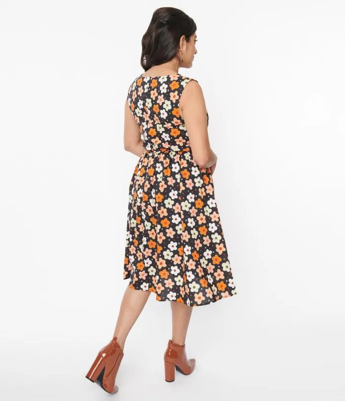 Black Multicolor Ditsy Floral Swing Dress Dresses Unique Vintage Swing