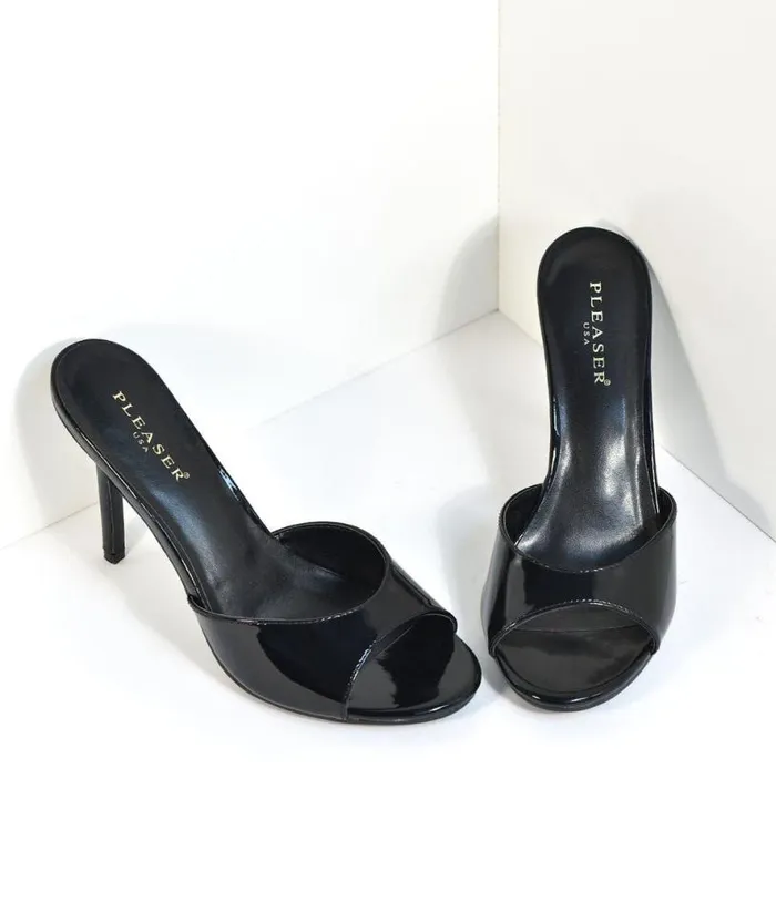 Black Patent Leatherette Peep Toe Slip On Heels Shoes Unique Vintage Heels