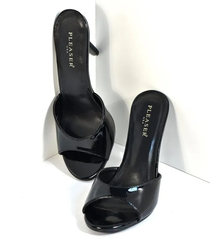 Black Patent Leatherette Peep Toe Slip On Heels Shoes Unique Vintage Heels