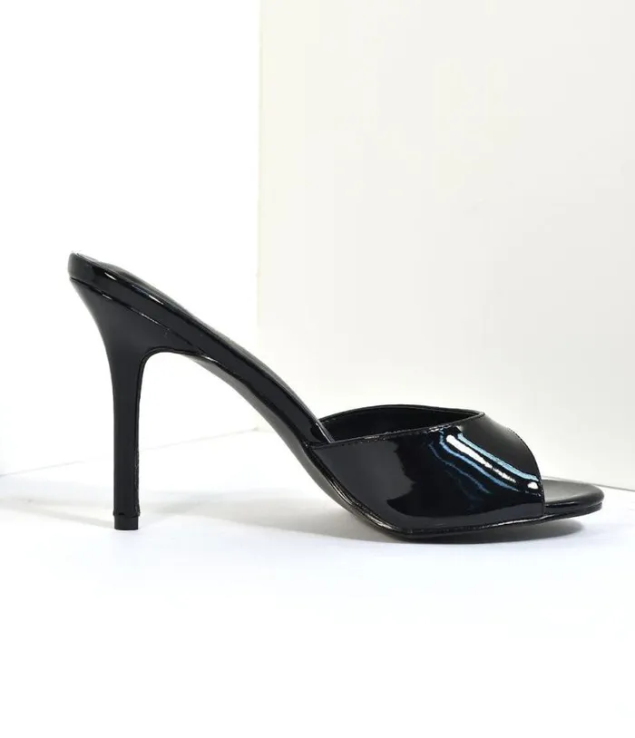 Black Patent Leatherette Peep Toe Slip On Heels Shoes Unique Vintage Heels