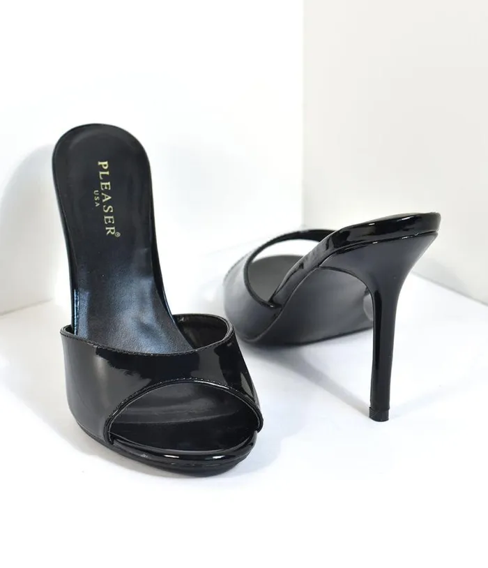 Black Patent Leatherette Peep Toe Slip On Heels Shoes Unique Vintage Heels