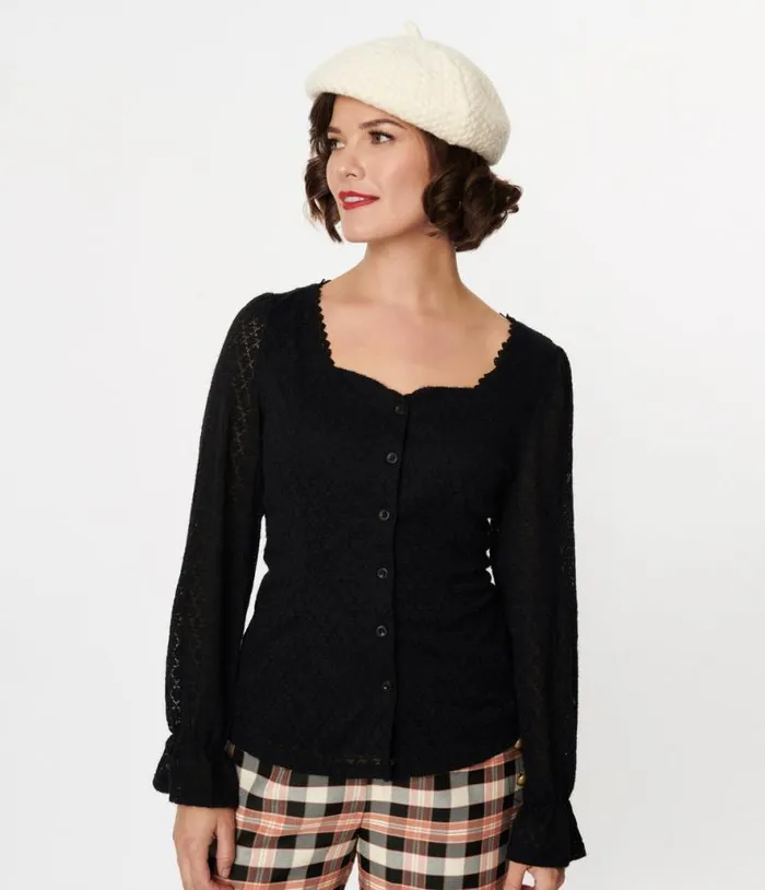 Black Perforated Diamond Knit Cardigan Clothing Unique Vintage Sweaters and Cardigans