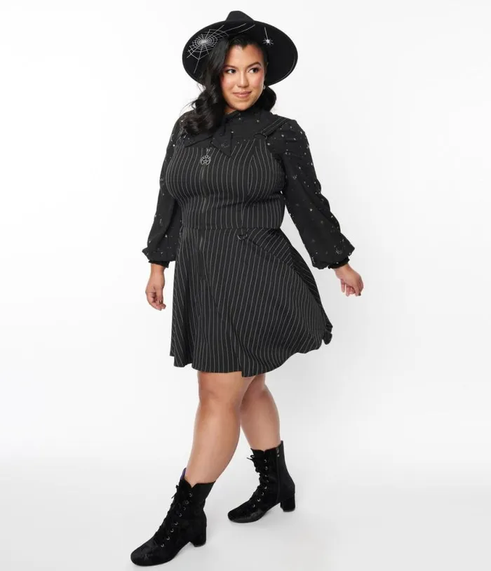 Black Pinstripe Bellona Shift Dress Halloween Unique Vintage Dresses