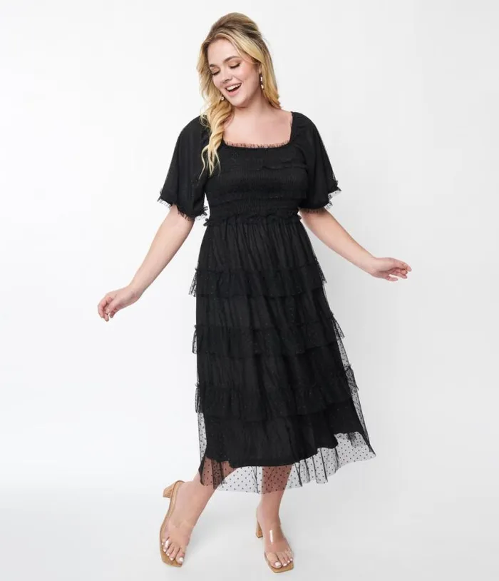 Black Ruffled Tiered Midi Dress Dresses Unique Vintage Midi