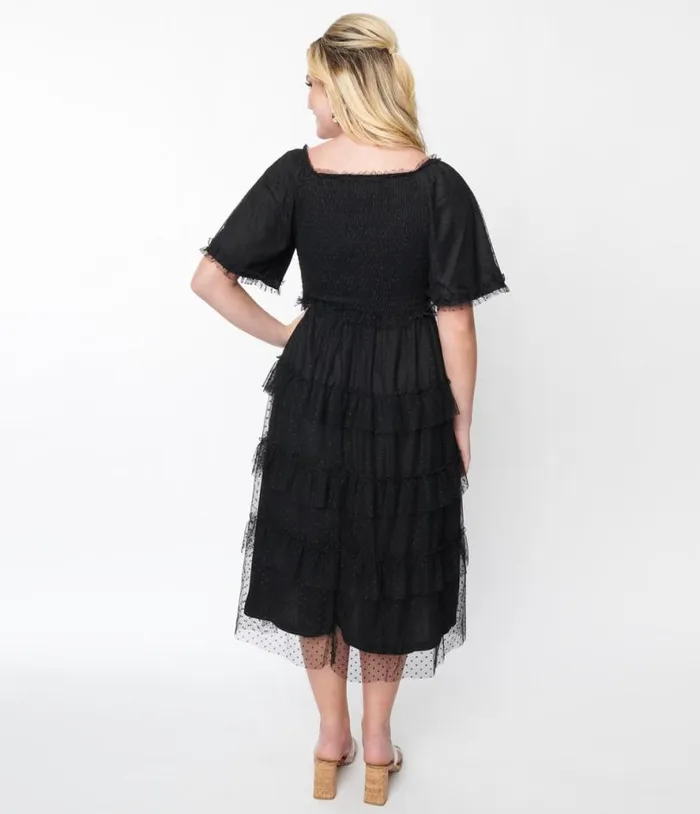 Black Ruffled Tiered Midi Dress Dresses Unique Vintage Midi
