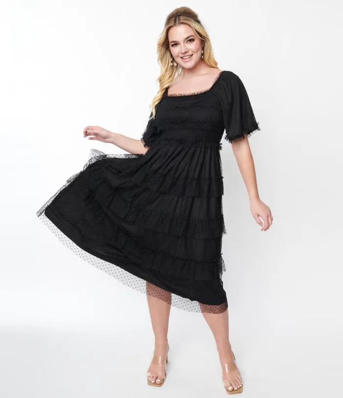 Black Ruffled Tiered Midi Dress Dresses Unique Vintage Midi