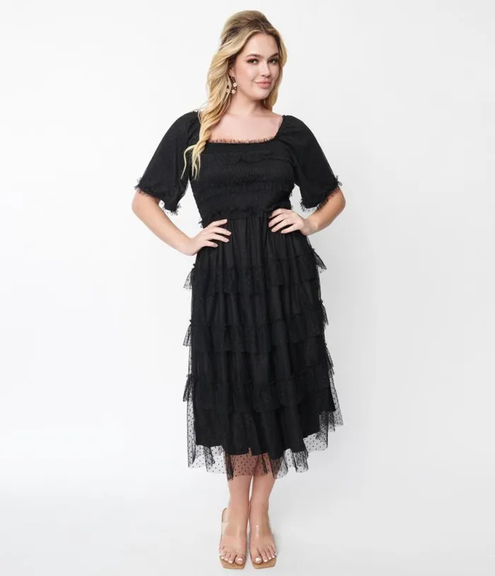 Black Ruffled Tiered Midi Dress Dresses Unique Vintage Midi