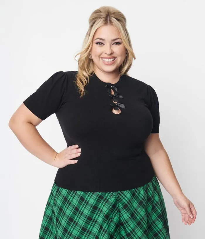 Black Satin Bow Cutout Sweater ClothingPlus Unique Vintage Sweaters and Cardigans