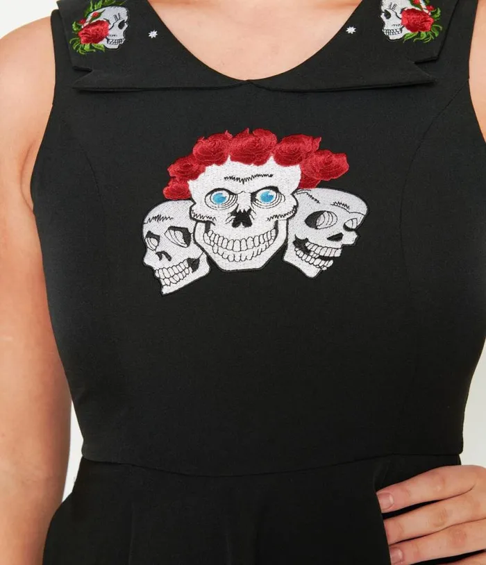 Black Skull and Rose Flare Dress DressesHalloweenPlus Unique Vintage Pocket Dresses